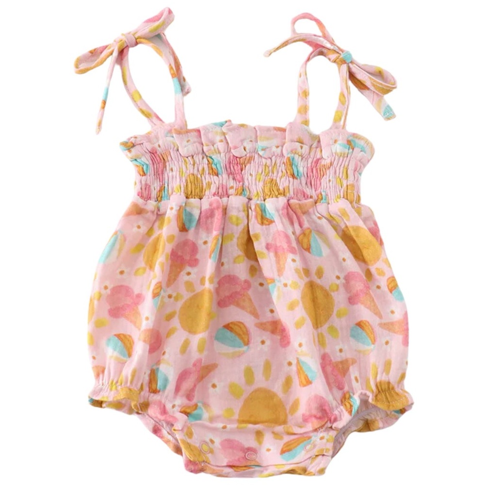 Sunny Ice Cream Muslin Smocked Baby Girl Romper